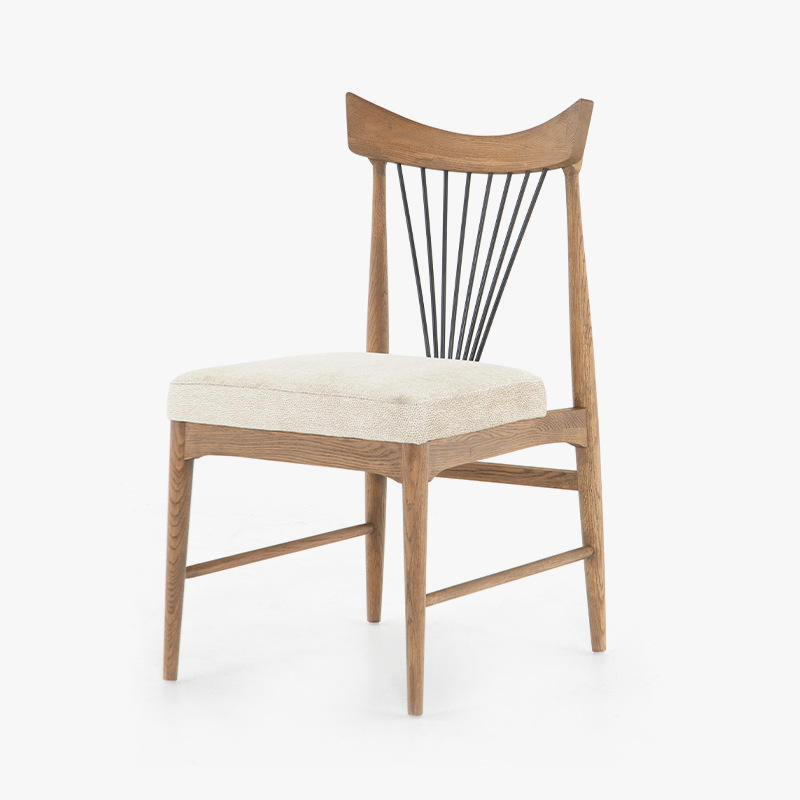 Silla de lujo de madera de teca de nuevo diseño con respaldo de hierro y asiento de tela para muebles de sala de estar, silla de comedor para restaurante y Hotel