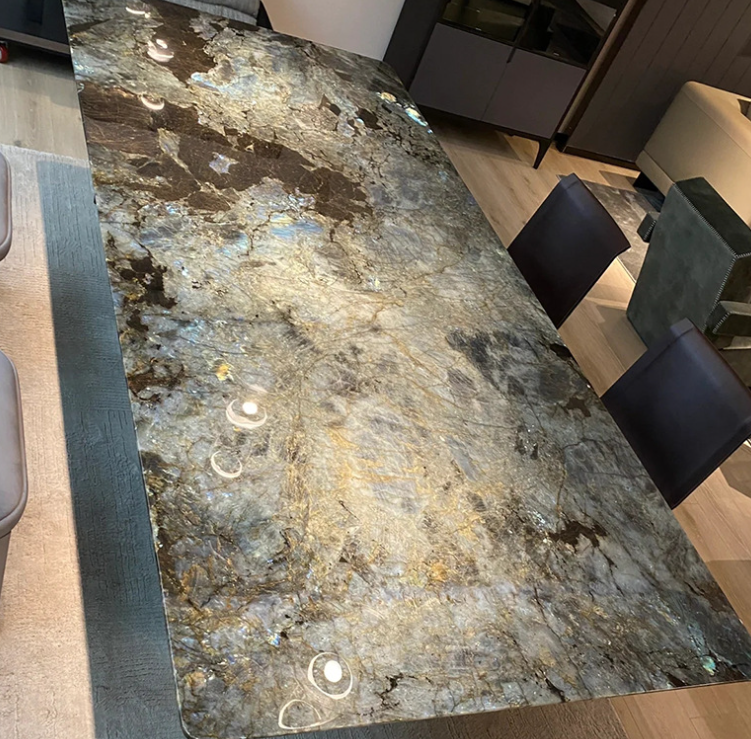 Venta al por mayor, mesa de comedor con patas de acero inoxidable creativa a la moda, muebles de comedor, mesa de mármol, mesa de cena, mesas de piedra Jade