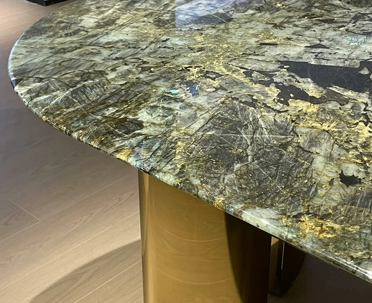 Venta al por mayor, mesa de comedor con patas de acero inoxidable creativa a la moda, muebles de comedor, mesa de mármol, mesa de cena, mesas de piedra Jade