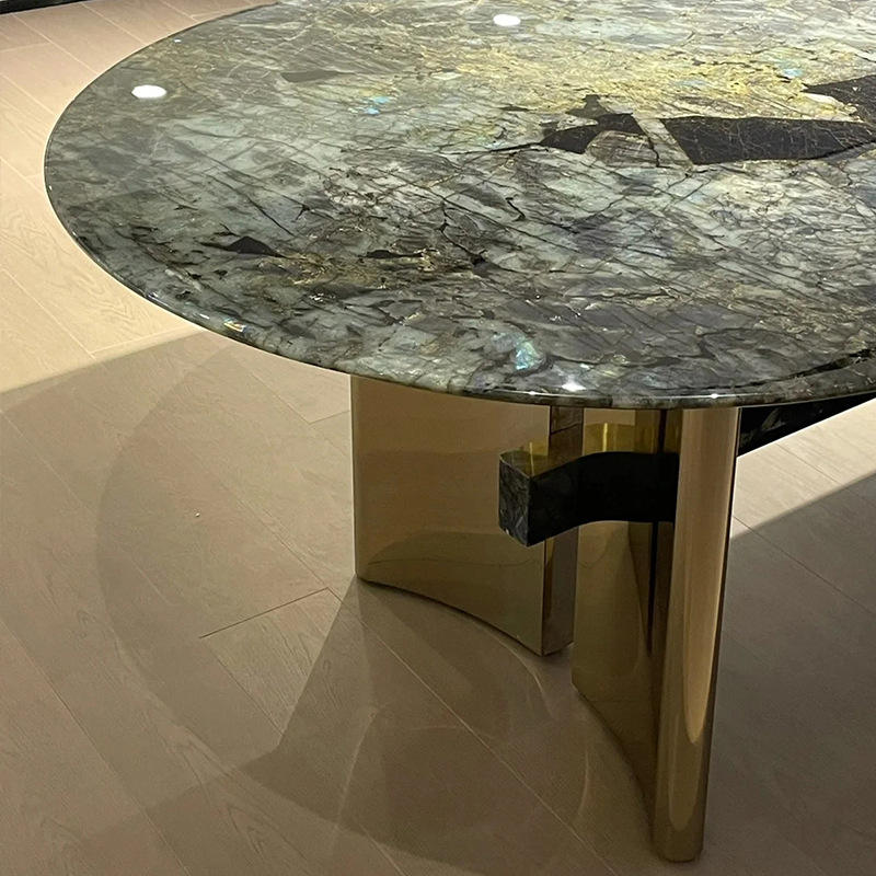 Venta al por mayor, mesa de comedor con patas de acero inoxidable creativa a la moda, muebles de comedor, mesa de mármol, mesa de cena, mesas de piedra Jade