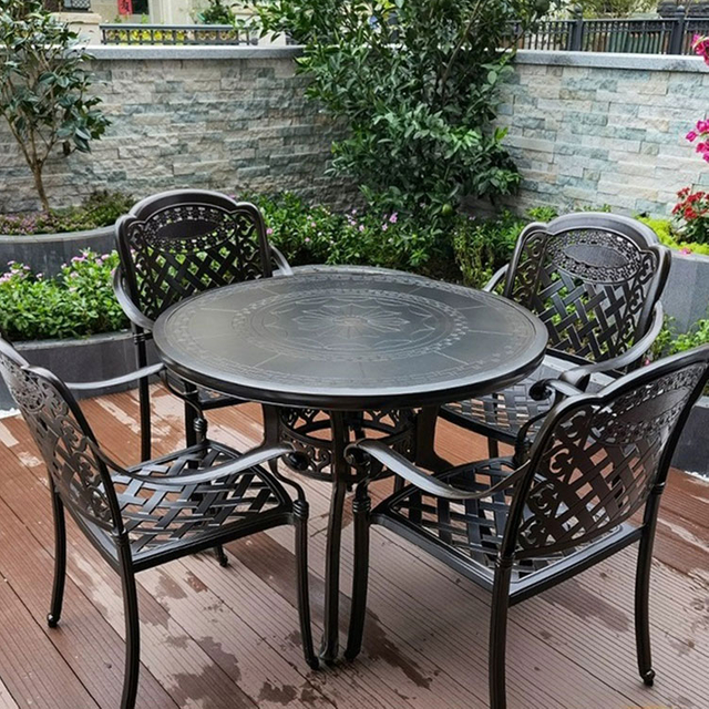 Juego de comedor con muebles de patio, juego de conversación al aire libre de aluminio fundido para todo tipo de clima, incluye 4 sillas acolchadas y 1 mesa redonda